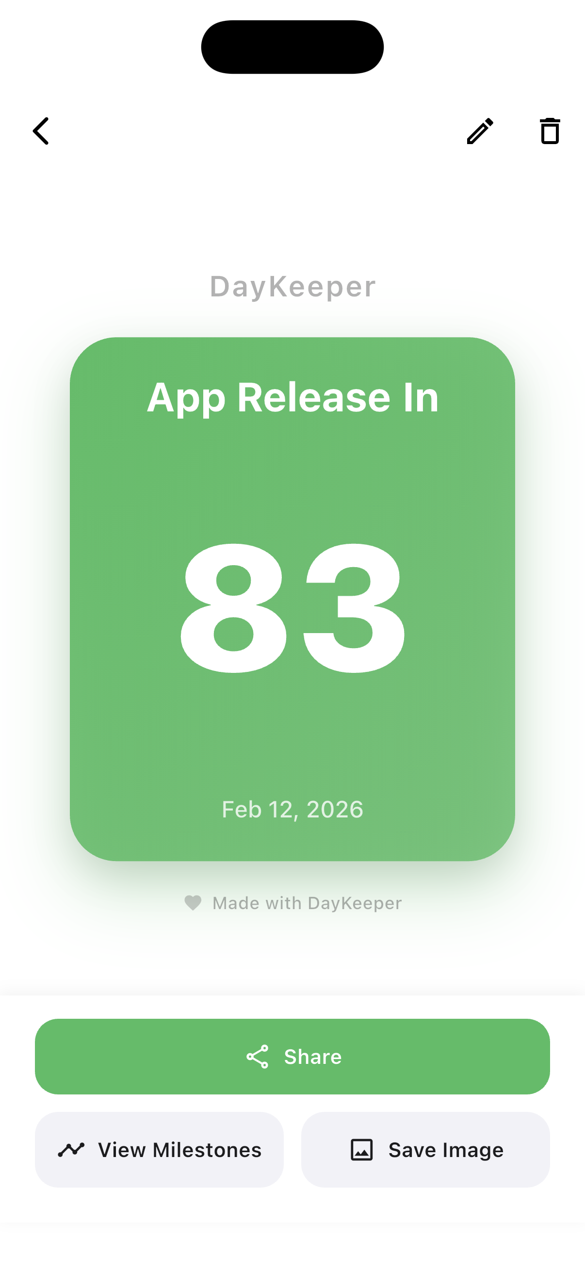 DayKeeper detailed event view showing milestone celebrations, share options and countdown timer with beautiful typography